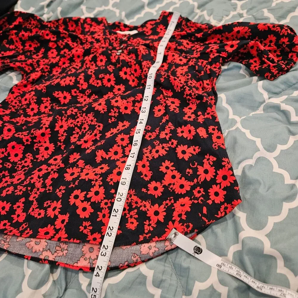 LOFT Navy Red Floral Puff Sleeve Blouse Women’s Small Peasant Boho Top